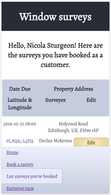 Screenshot of my window survey bookings app